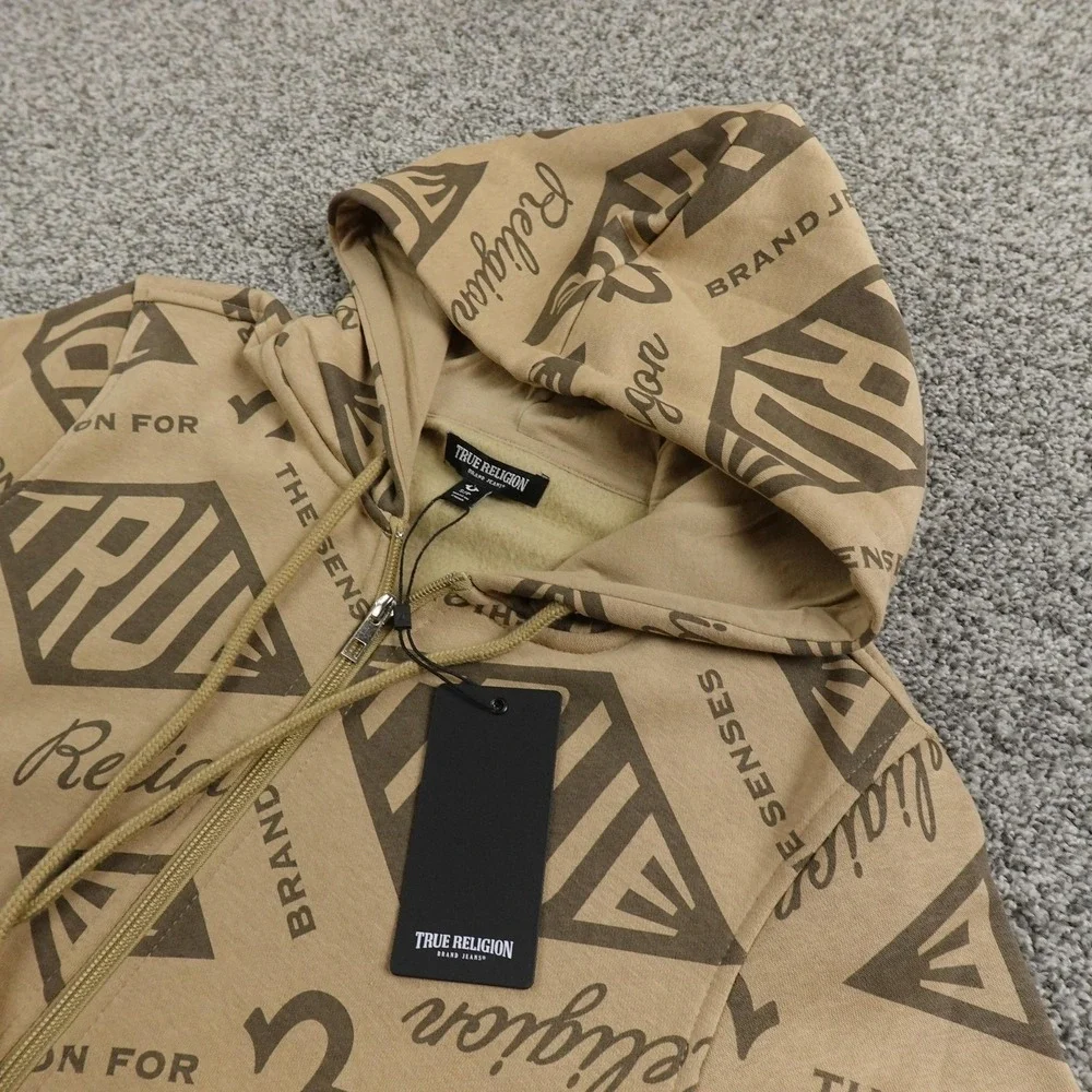 NEW True‎ Religion Hoodie Mens S Beige Horseshoe Logo Full Zip Sweatshirt Jacket